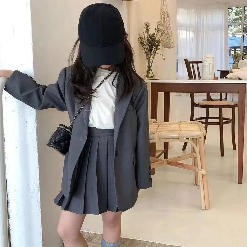 2026 Spring Winter Girls Kids 2 Piece Child Outfits Teenager Suit Set Slim Blazer Jacket Top + Mini Pleated Skirt 4 5 10 12 Year
