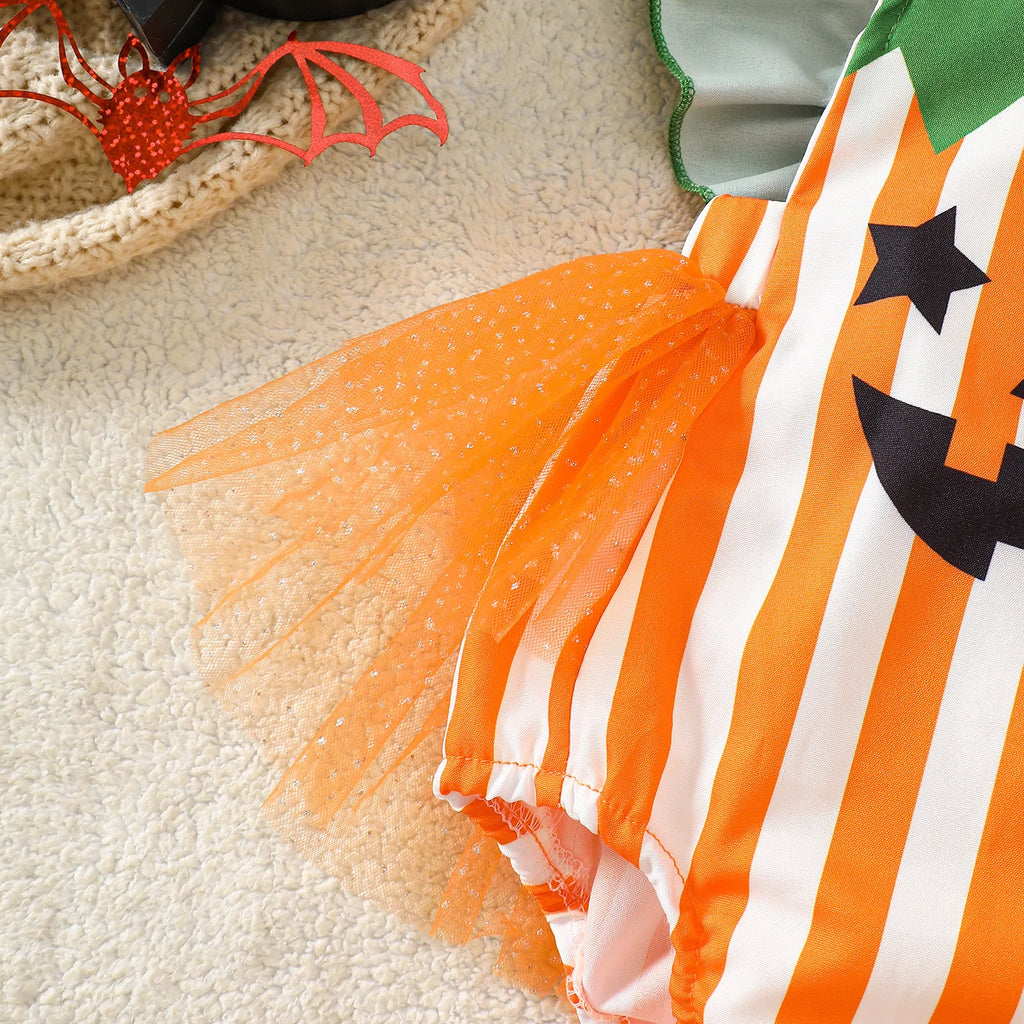 Halloween Infant Baby Girl Striped Romper Fly Sleeve Mesh Bodysuit Toddler Cotton Overall Mesh Pumpkin Face Cute Fall Clothes