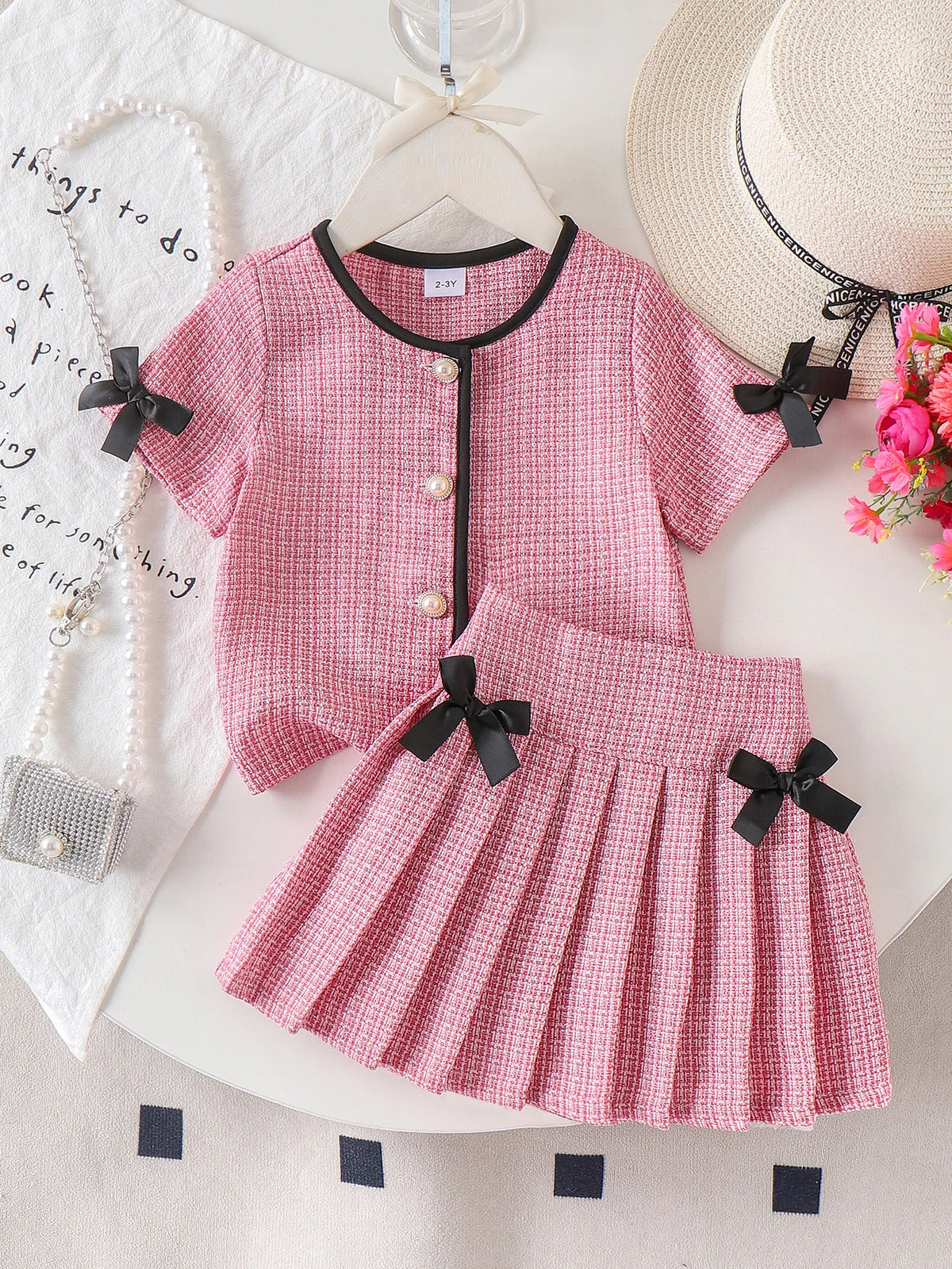 Summer Cross-Border New Girl Sweet and Comfortable 2-7 Years Old Pink Short-Sleeved Top + Short Skirt Set