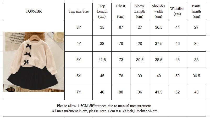 3-7 Year Old Girl Fashion Autumn and Winter New Suit Korean Version Round Neck Long Sleeved Bow Top+pleated Skirt Two-piece Set