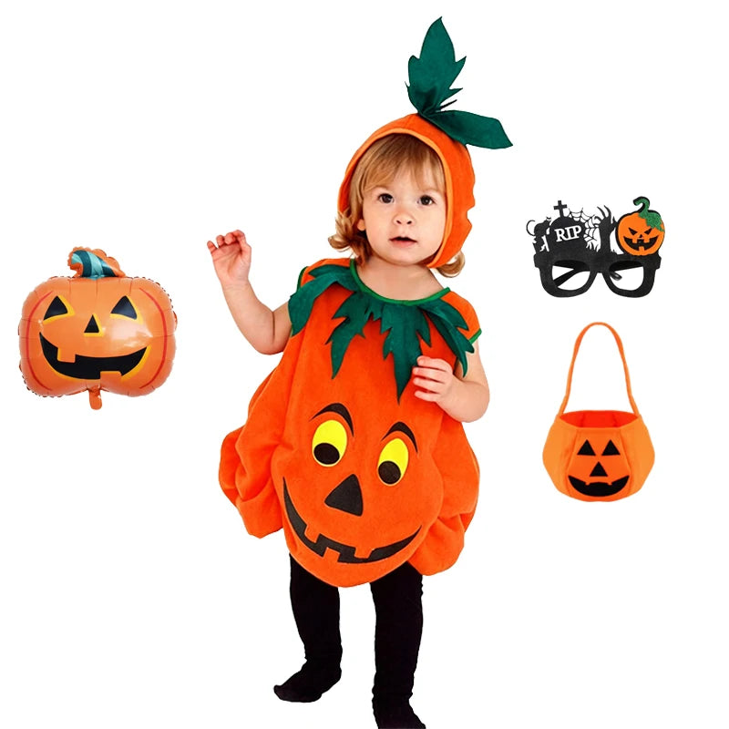 2026 Baby Girls Boys Children Jumpsuit Halloween Pumpkin Costume with Hat Cosplay Stage Performance Christmas Party Costume