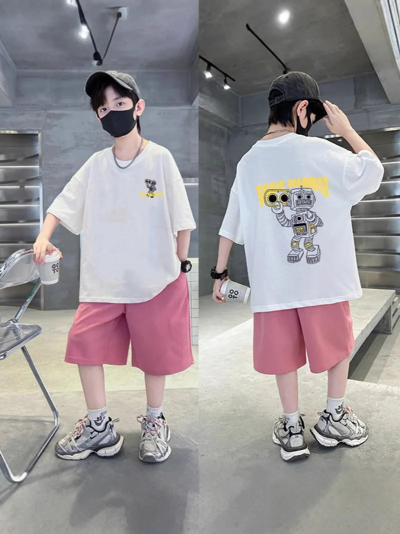 2026 summer Teens Boys Clothes set Outfit Kid robot fashion Tracksuit Child t-shirt top + solid shorts pant 4 7 8 10 12 14 Year
