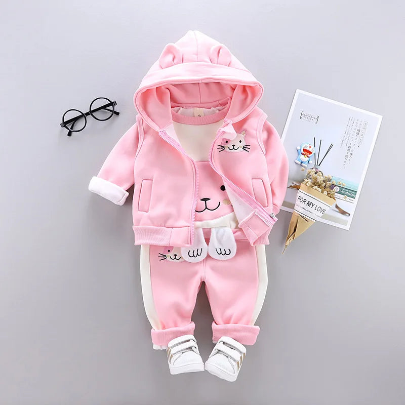 2023 Winter Baby Clothes Sets Autumn Cotton Thick Warm Suit Hooded Sweater Cartoon Cute Three-Piece Baby Girls Boy Fleece Outfit