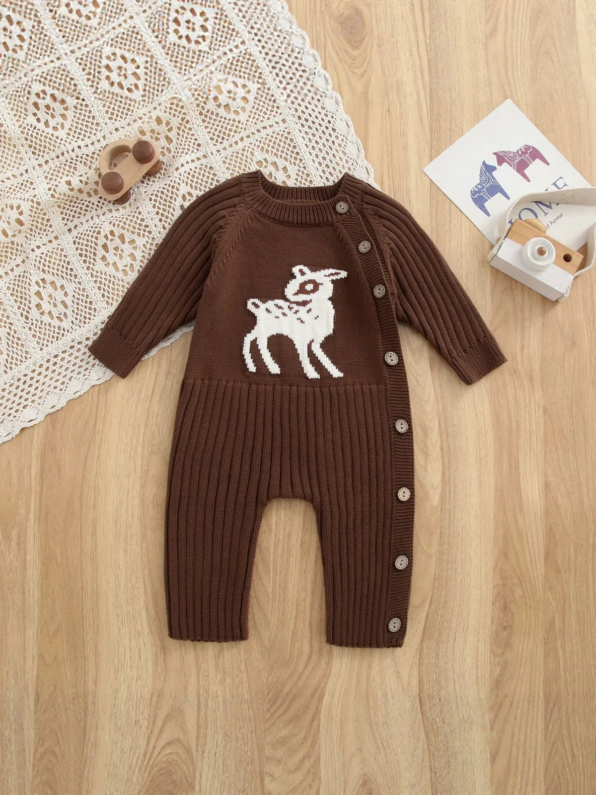 2026 Autumn Baby Clothes Cute Deer Print Infant Girls Knit Rompers Full Snap Button Infant Sweater Jumpsuit