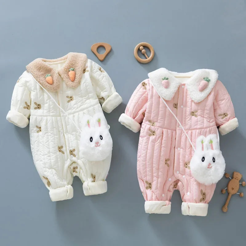 Baby Clothes Newborn Rompers 2024 Winter Cotton-padded Infant Girls Jumpsuit Toddler Embroidered Bunny Turn Down Collar Outwear