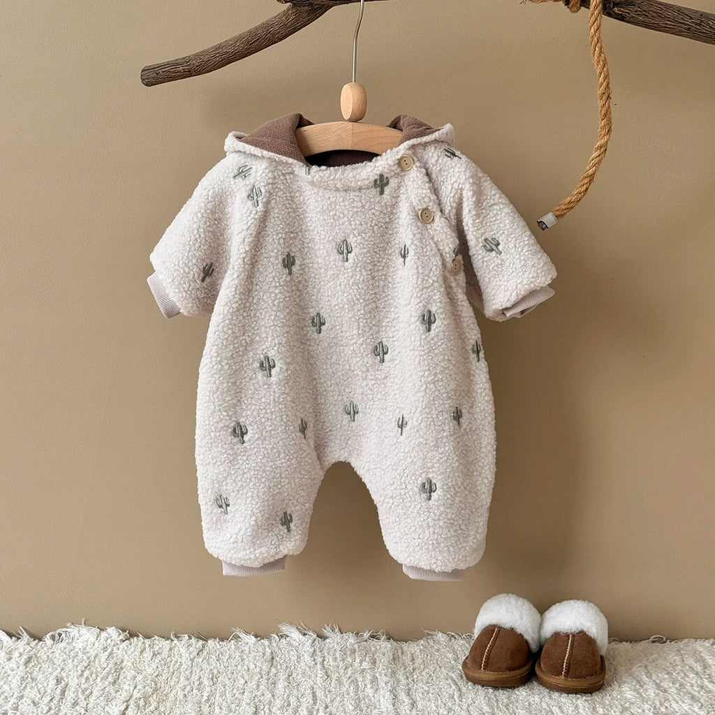 Newborn Baby Clothes Soft Plush Winter Baby Boys Girls Jumpsuit Cactus Embroidery Hooded Warm Rompers