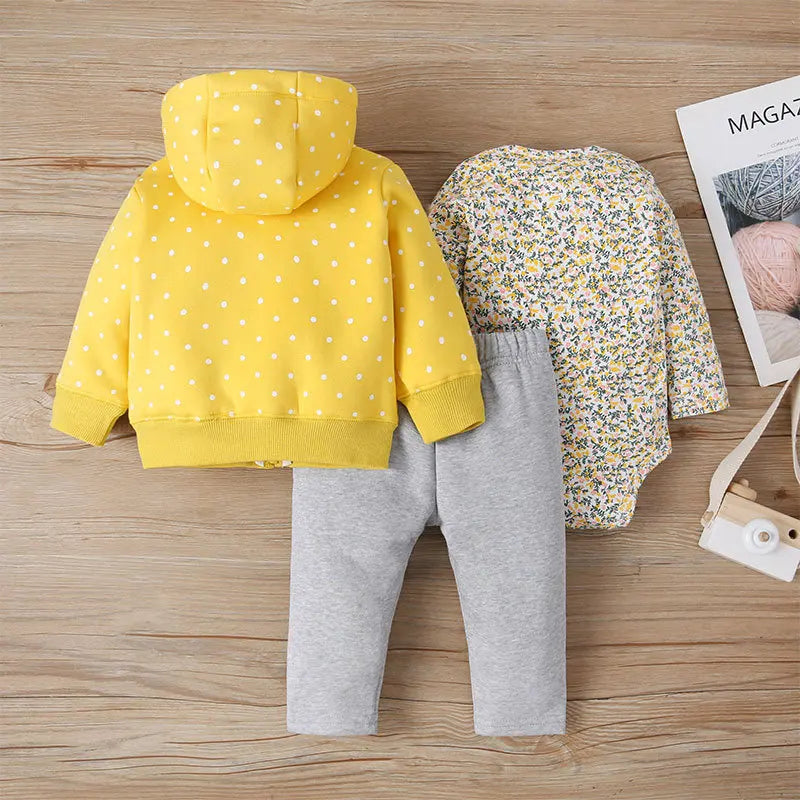 Newborn Infant Baby Girl Boy Clothes Sets Spring Autumn Cotton Long-Sleeve Hooded Coat+Romper+Trousers 3PCS Warm Kids Clothes