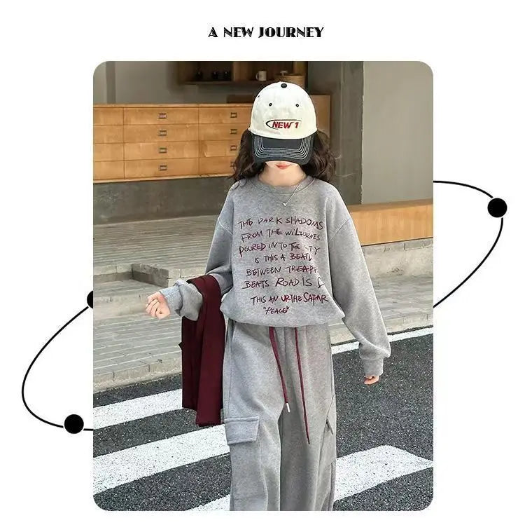 2026 autumn spring teenager kids girl Children set Clothes loose sweatshirt Hooded t shirt+ pocket wide leg pant 4 10 12 14 Year