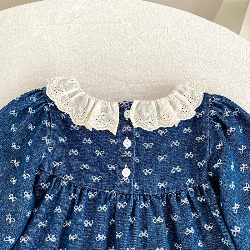 Toddler Sister Denim Bow Print 2-6Yrs Dress & 0-24M Baby Romper Ruffle Lace Collar Long Sleeve Infant Girls Sibling Clothes
