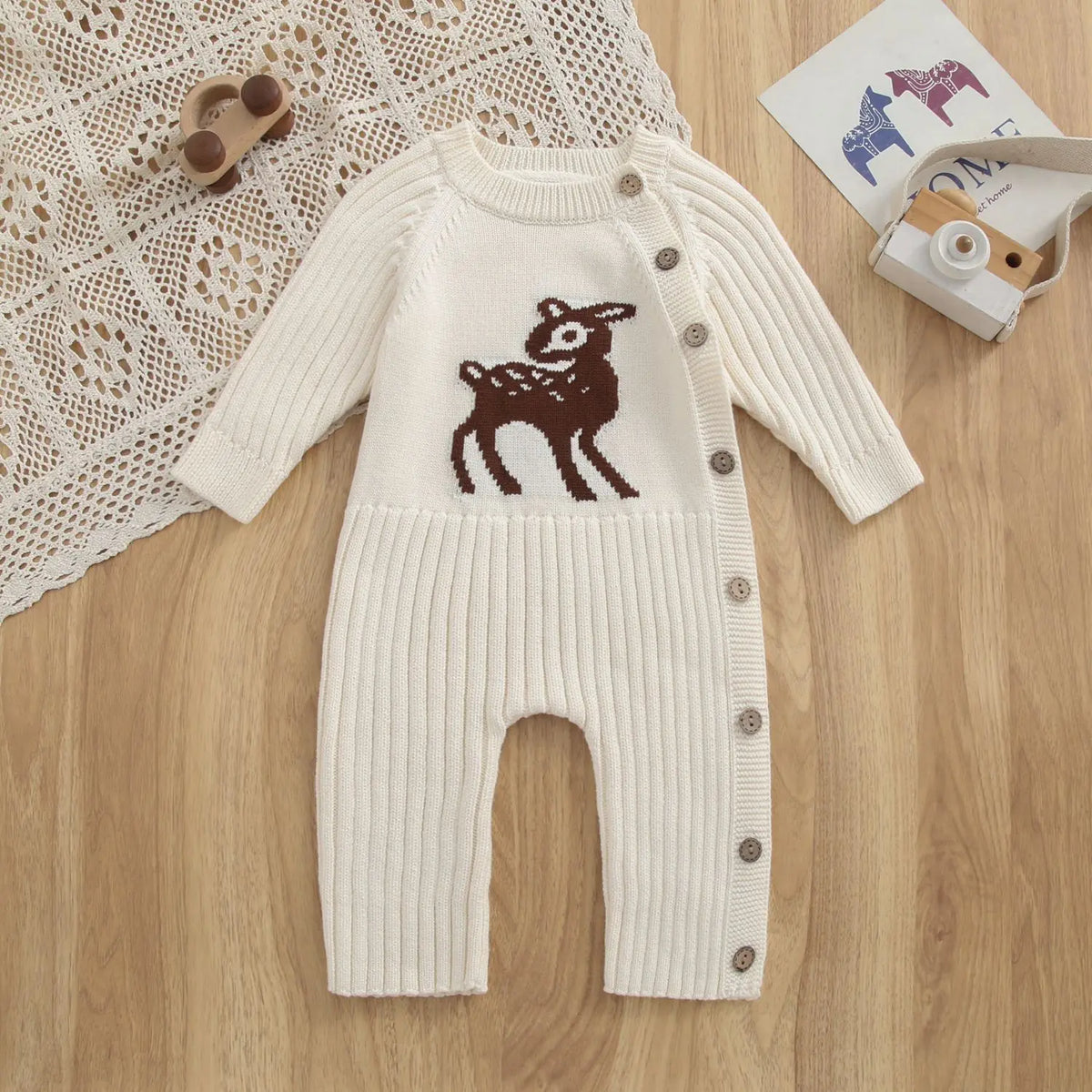 2026 Autumn Baby Clothes Cute Deer Print Infant Girls Knit Rompers Full Snap Button Infant Sweater Jumpsuit