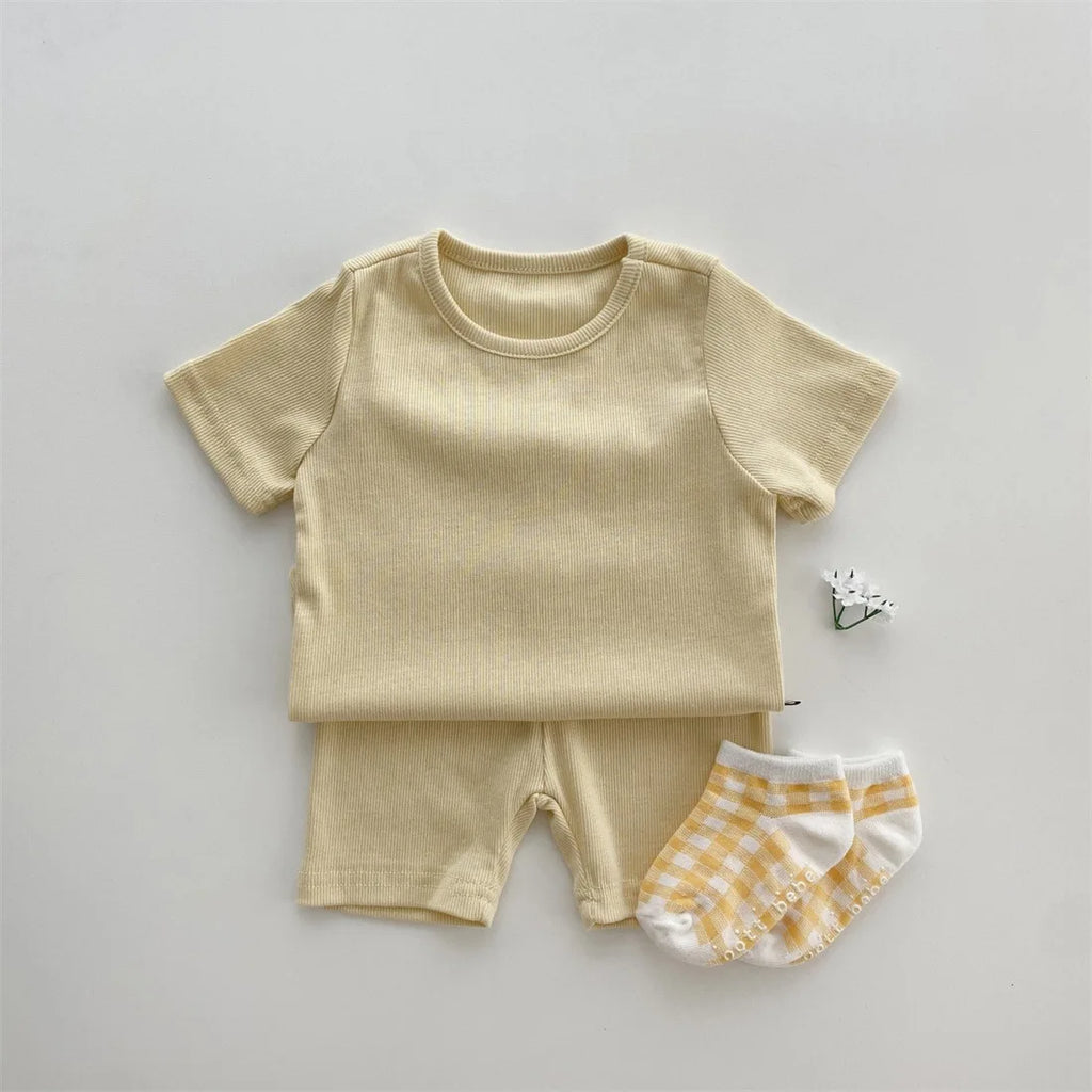 Baby Cotton Ribbed Clothes Set Short Sleeve Tops + Shorts 2pcs Suit Candy Color Baby Girl T Shirts Solid Boys Shorts Outfits