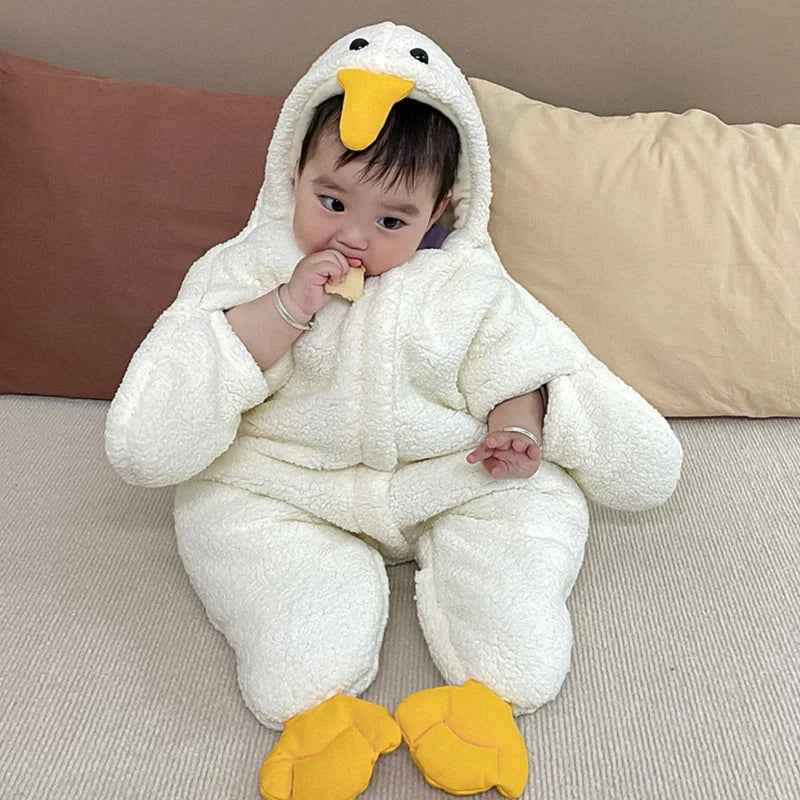 Cartoon Baby Clothes Boy Rompers Long Sleeve Fleece Hooded Baby Girl Romper Winter Warm Newborn Jumpsuit Clothes 0-7 Months
