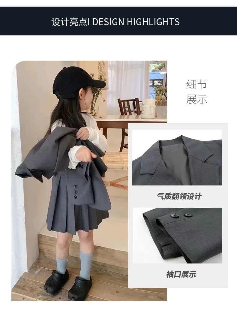 2026 Spring Winter Girls Kids 2 Piece Child Outfits Teenager Suit Set Slim Blazer Jacket Top + Mini Pleated Skirt 4 5 10 12 Year