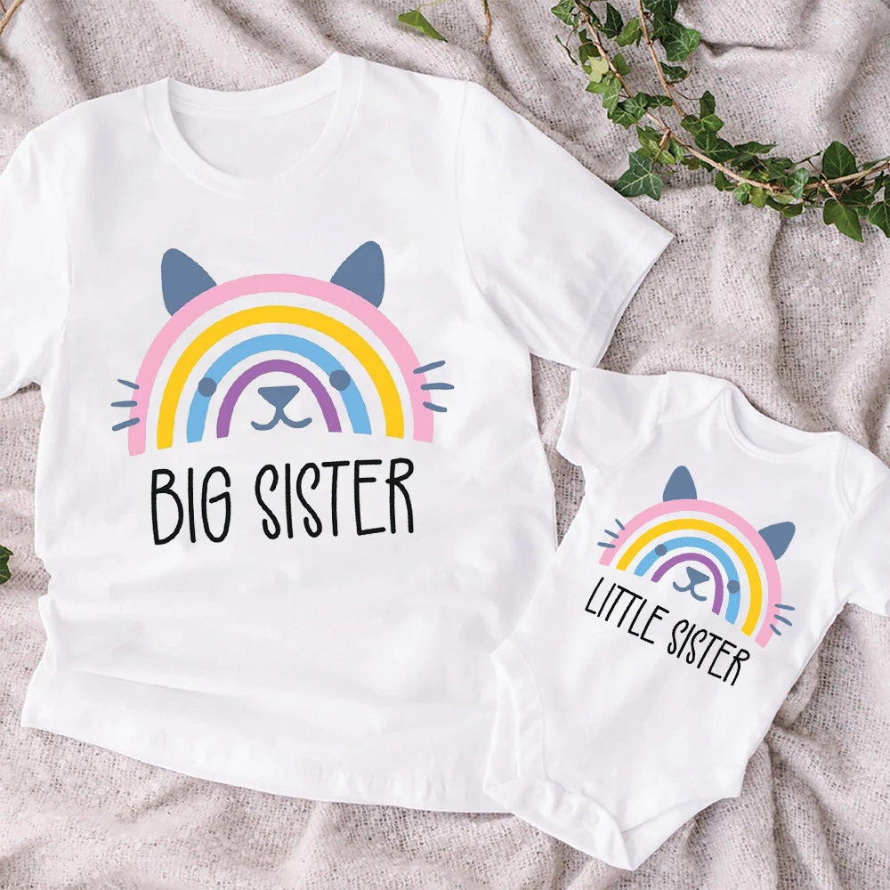 Big Sister Little Sister Rainbow Printed Family Matching Clother Girls Sibling Shirts Cartoon Rainbow Kids T-shirt Baby Bodysuit