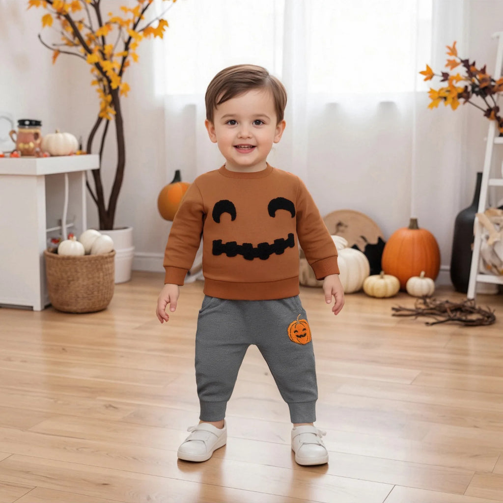 Halloween Children's Clothing 2026 Autumn Children's Clothes Boys Pumpkin Embroidery Long-sleeved Sweater Trousers Two-piece Set