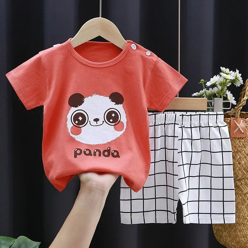 2-6 Years Baby Girl Summer Set Children's Short-sleeved Shorts Suit Cotton T-shirt Little Girls Unicorn Giraffe Cartoon Set