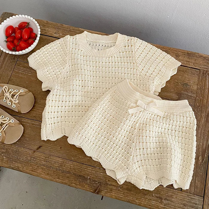 2026 New Summer 0-6Yrs Children Clothes Suit Short Sleeved Solid Color Knitted Pullover+Shorts Newborn Baby Girls Clothing Set