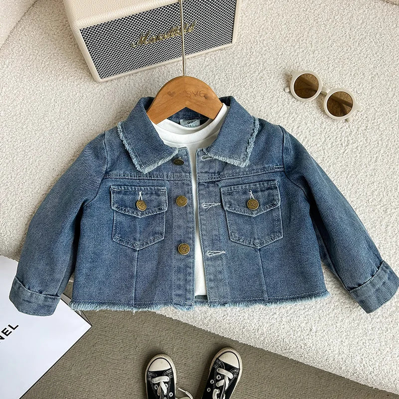 2-8 year old girl's denim set with retro lapel long sleeved denim jacket+pleated skirt cover girl's fashionable and trendy set