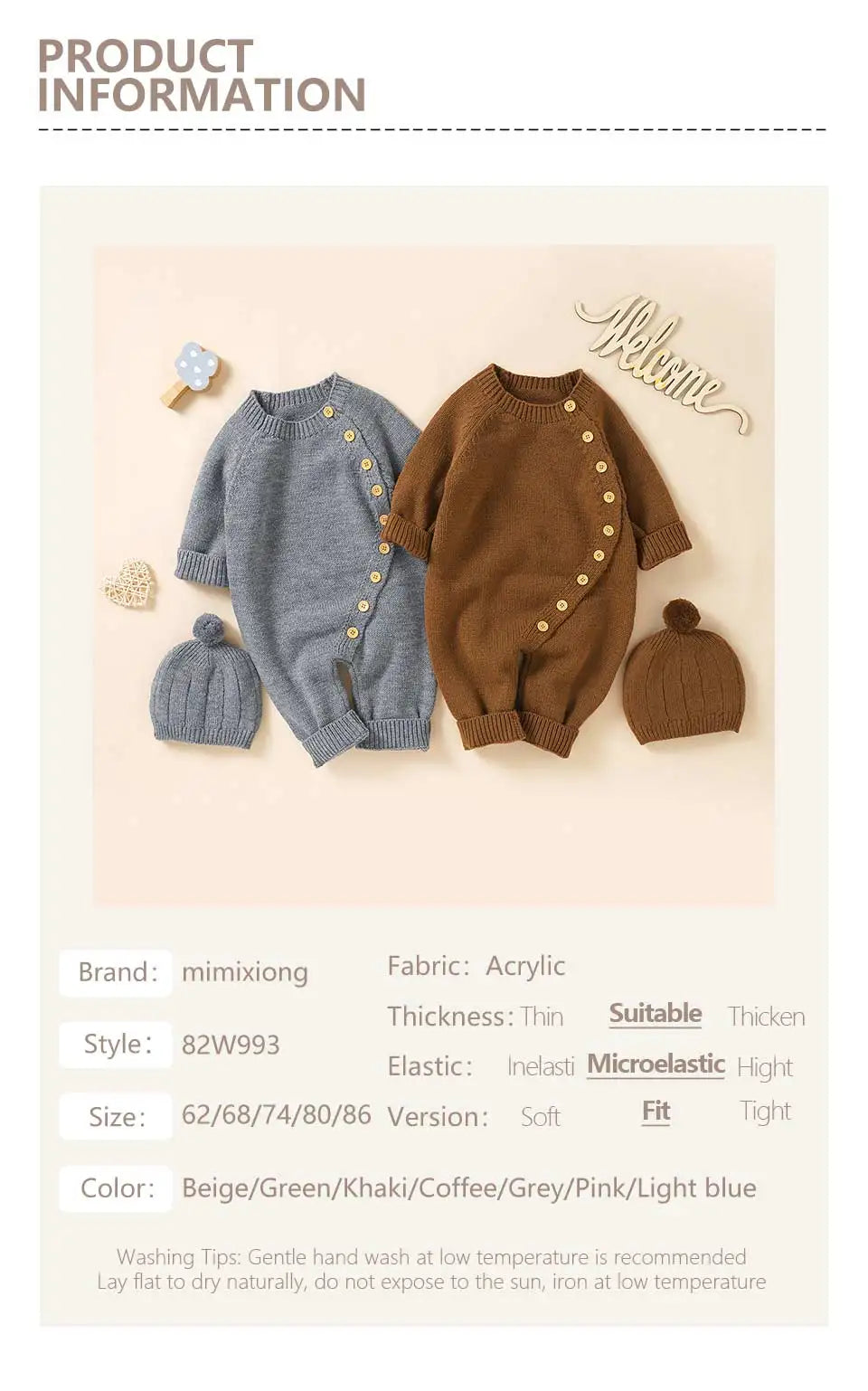 Baby Rompers Clothes Spring Autumn Solid Full Sleeve Knitted Newborn Infant Boys Girls Jumpsuits Hats Outfits Sets 0-18m Costume