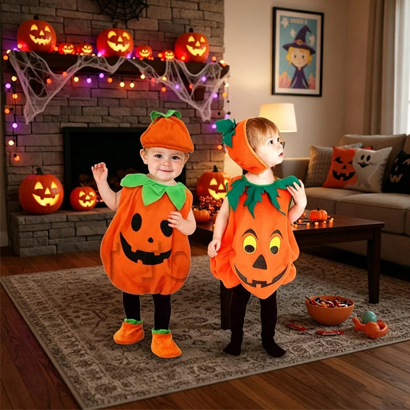 2026 Baby Girls Boys Children Jumpsuit Halloween Pumpkin Costume with Hat Cosplay Stage Performance Christmas Party Costume