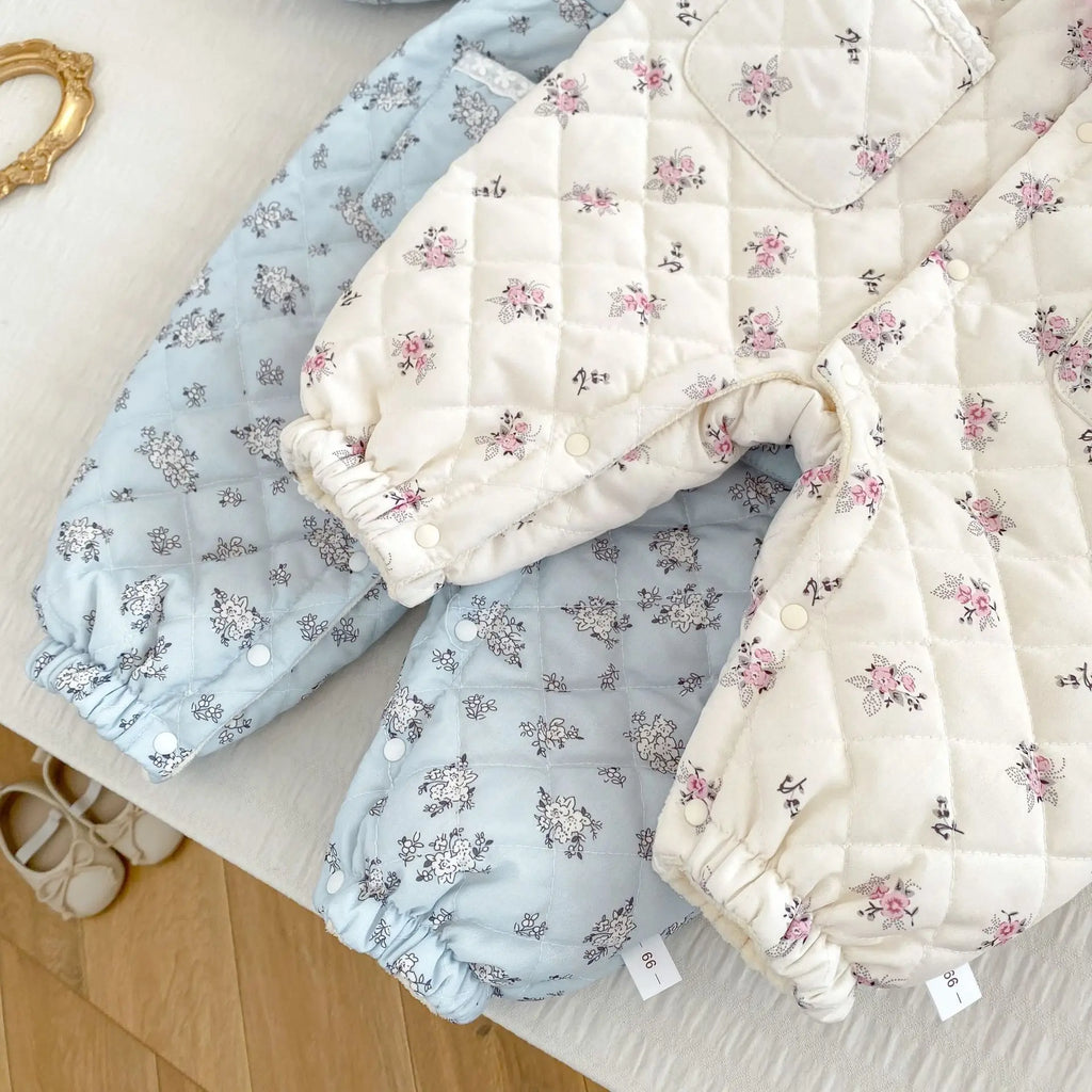 2025 Winter New Baby Girl Sweet Floral Fleece Romper Cute Lace Lapel Newborn Clothes Thick Warm Infant Girl Bow Padded Jumpsuit