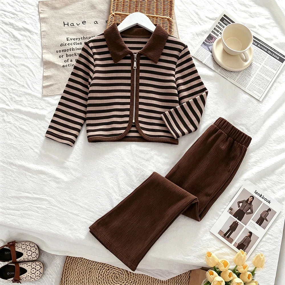 3-12 Year Old Children's Two-piece Set Autumn Long Sleeved Girls' Clothing Striped Printed Lapel Cardigan Top+Micro Flared Pants