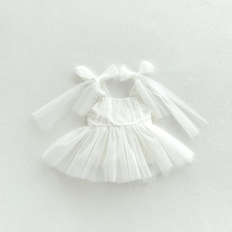 2026 Summer Baby Clothes 100 Day Baptism Birthday Party Sleeveless Jumpsuit Mesh Bow Romper Girl Princess Dress