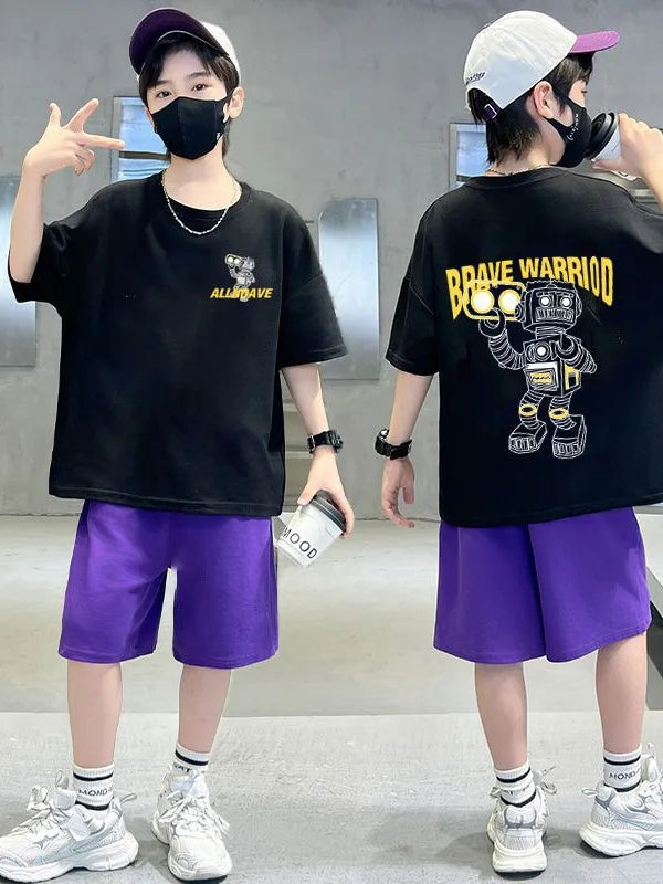 2026 summer Teens Boys Clothes set Outfit Kid robot fashion Tracksuit Child t-shirt top + solid shorts pant 4 7 8 10 12 14 Year