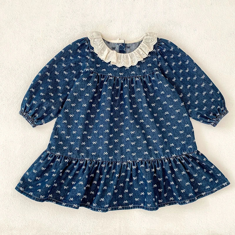 Toddler Sister Denim Bow Print 2-6Yrs Dress & 0-24M Baby Romper Ruffle Lace Collar Long Sleeve Infant Girls Sibling Clothes