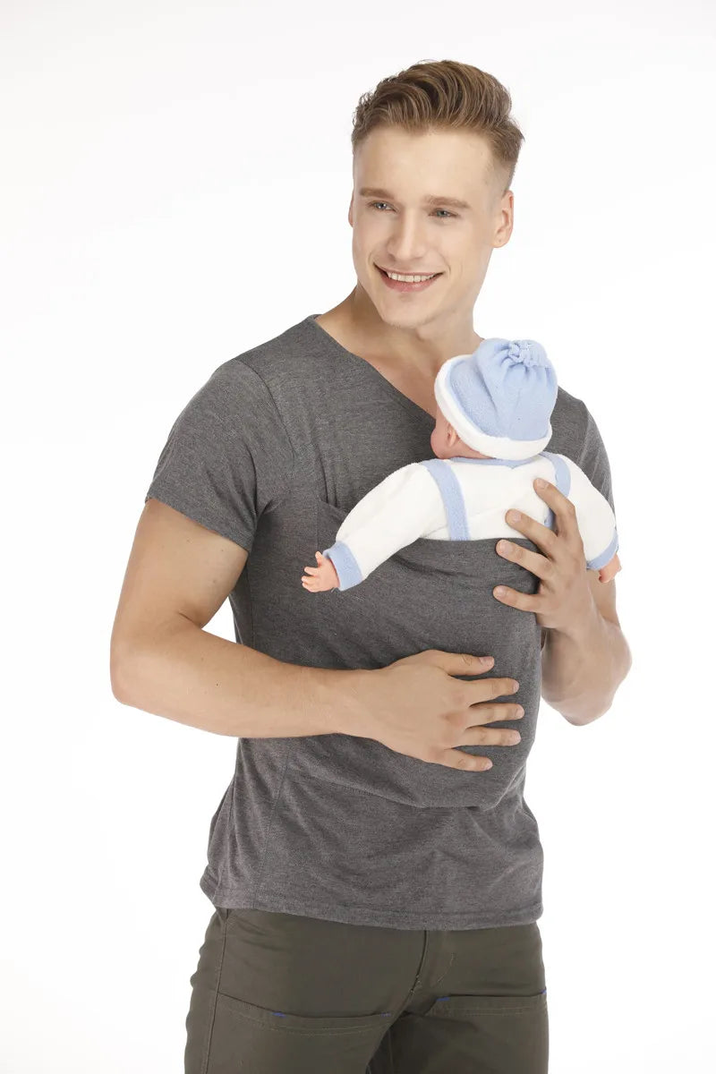 Safety Kangaroo Pocket T Shirt Baby Carrier Pregnancy Clothes Summer Short Sleeve Mother Father Top for Feeding Big Nylon Cotton