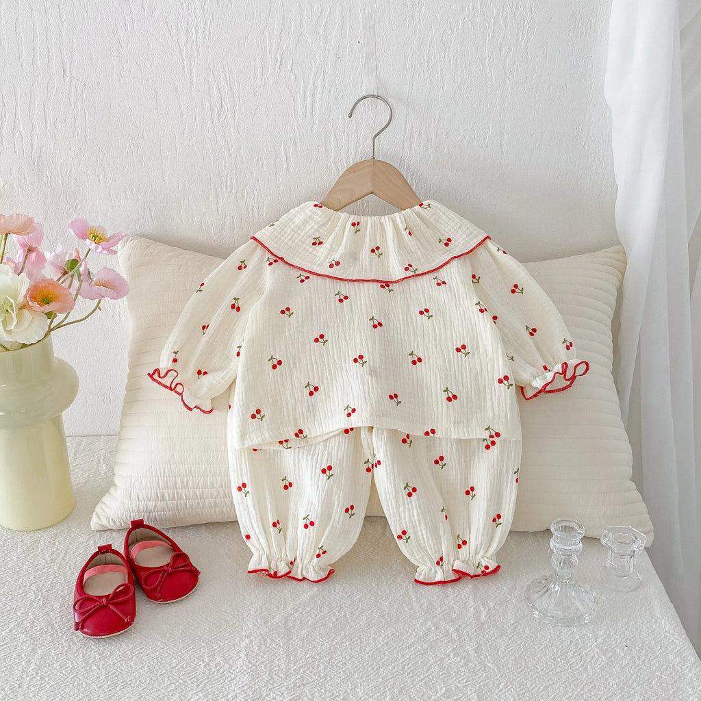 Baby Clothing Set 2025 Autumn New Baby Girl Pajamas Set Infant Cherry Print Top+Pant Casual Two-piece Suit Home Clothes