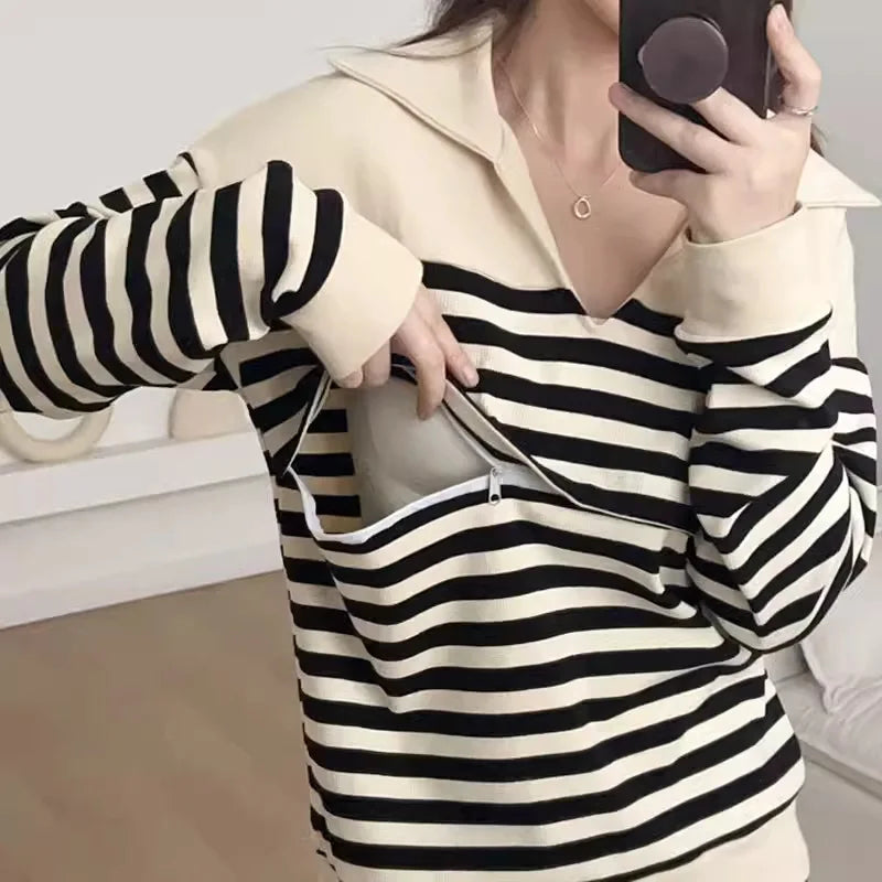 Breastfeeding Blouses Clothes For Pregnant Women Cotton Stripe Spring Autumn Long Sleeve Maternity Clothing Nursing Clothes