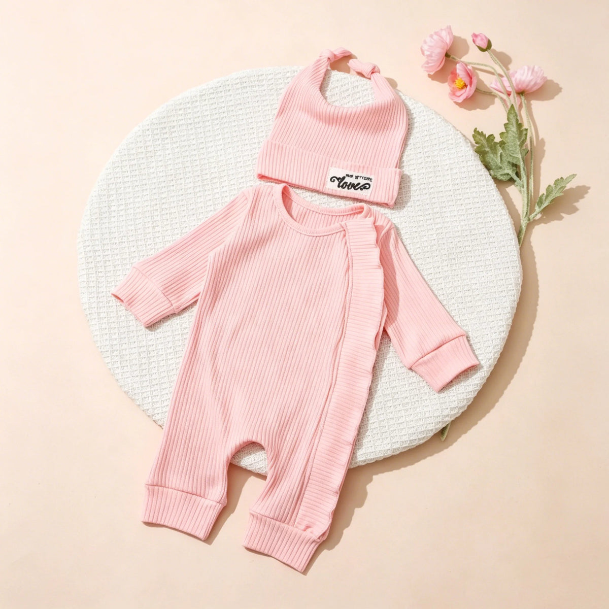 Newborn Photography Clothes Ribbed Romper Bunny Ear Hat Set Infant Zipper Closure Long Sleeve Baby Jumpsuit Coming Home OutfitHD