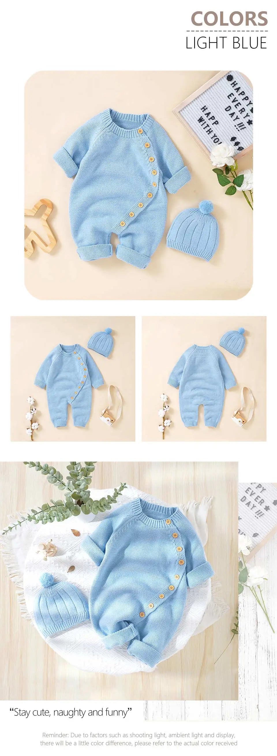 Baby Rompers Clothes Spring Autumn Solid Full Sleeve Knitted Newborn Infant Boys Girls Jumpsuits Hats Outfits Sets 0-18m Costume