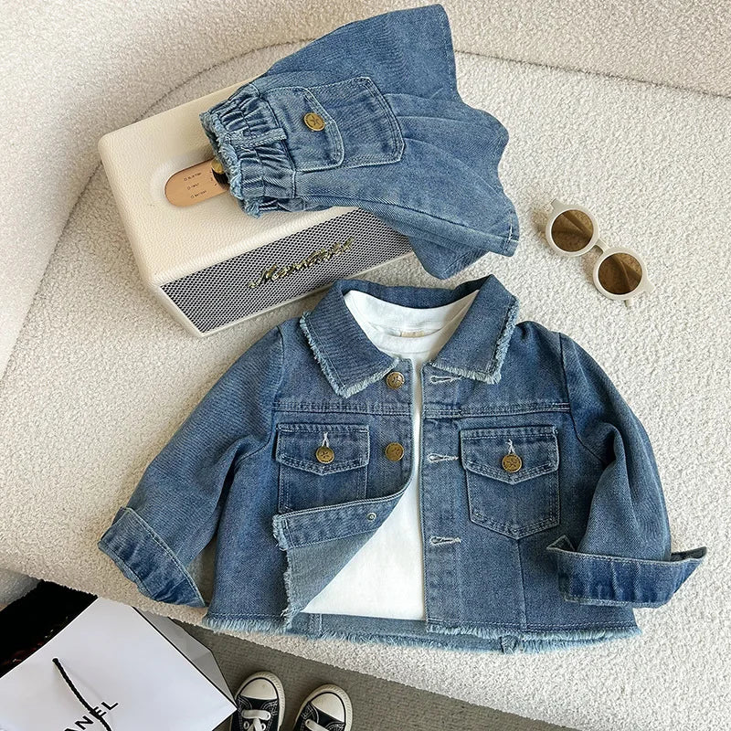 2-8 year old girl's denim set with retro lapel long sleeved denim jacket+pleated skirt cover girl's fashionable and trendy set