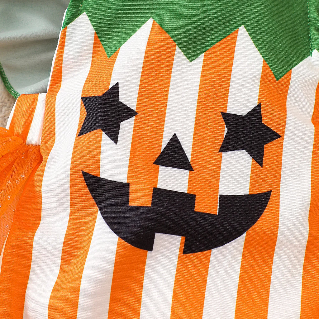 Halloween Infant Baby Girl Striped Romper Fly Sleeve Mesh Bodysuit Toddler Cotton Overall Mesh Pumpkin Face Cute Fall Clothes