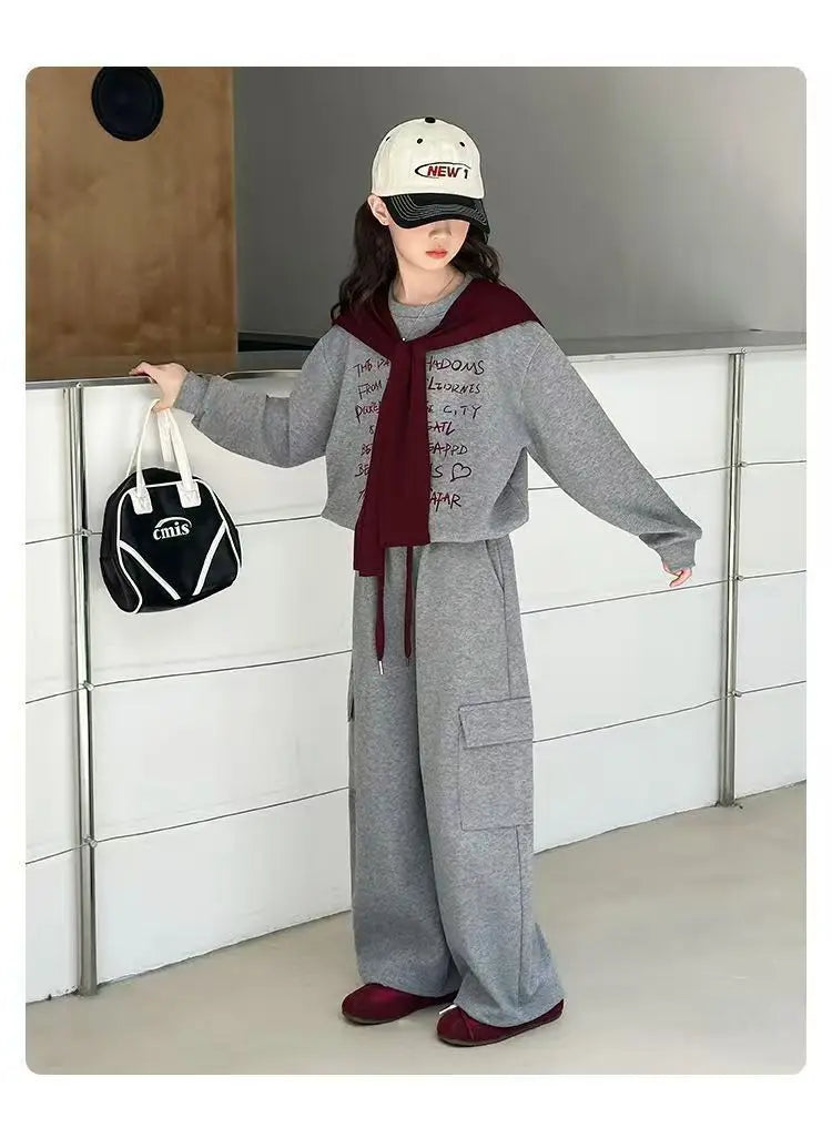 2026 autumn spring teenager kids girl Children set Clothes loose sweatshirt Hooded t shirt+ pocket wide leg pant 4 10 12 14 Year