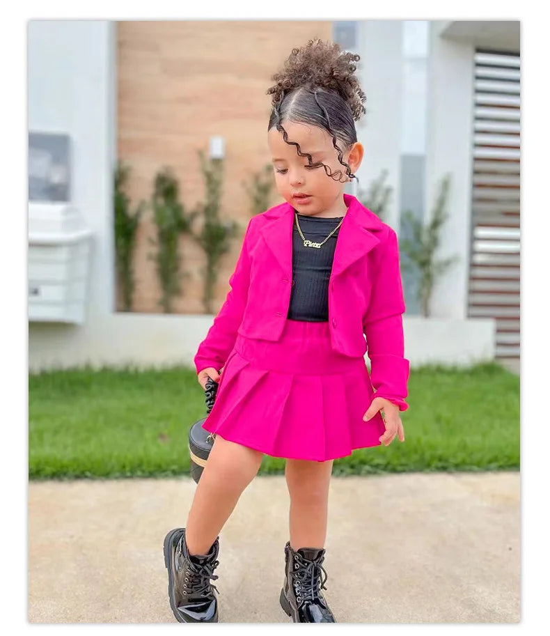2025 Kids Girls Autumn 2 Pcs Outfits Long Sleeve Button Coat + Pleated Plaid Skirt Children Clothing For 2 3 4 5 6 7 8 Years