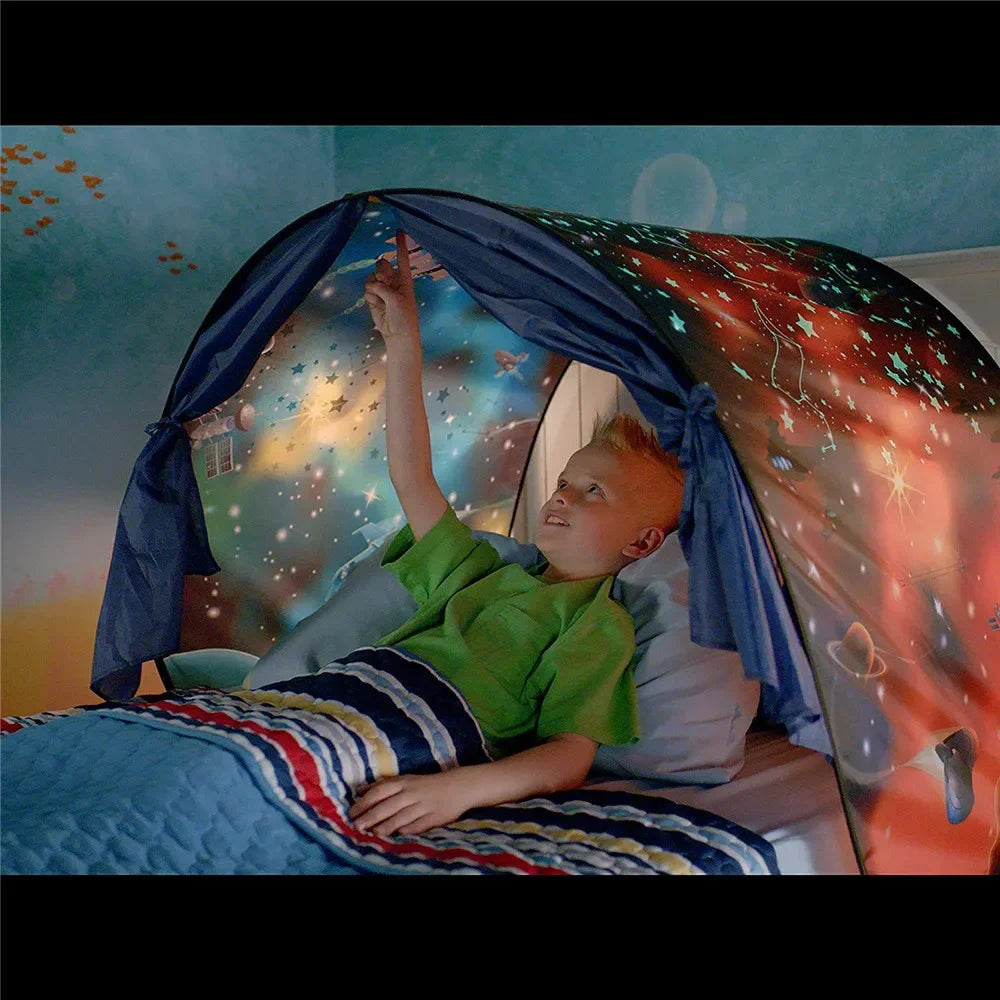 Kids Dream Tents with Light Baby Pop Up Bed Tent Cartoon Snowy Foldable Playhouse Comforting At Night Sleeping Outdoor Camp
