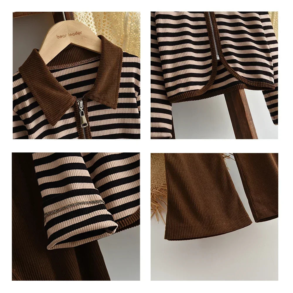 3-12 Year Old Children's Two-piece Set Autumn Long Sleeved Girls' Clothing Striped Printed Lapel Cardigan Top+Micro Flared Pants