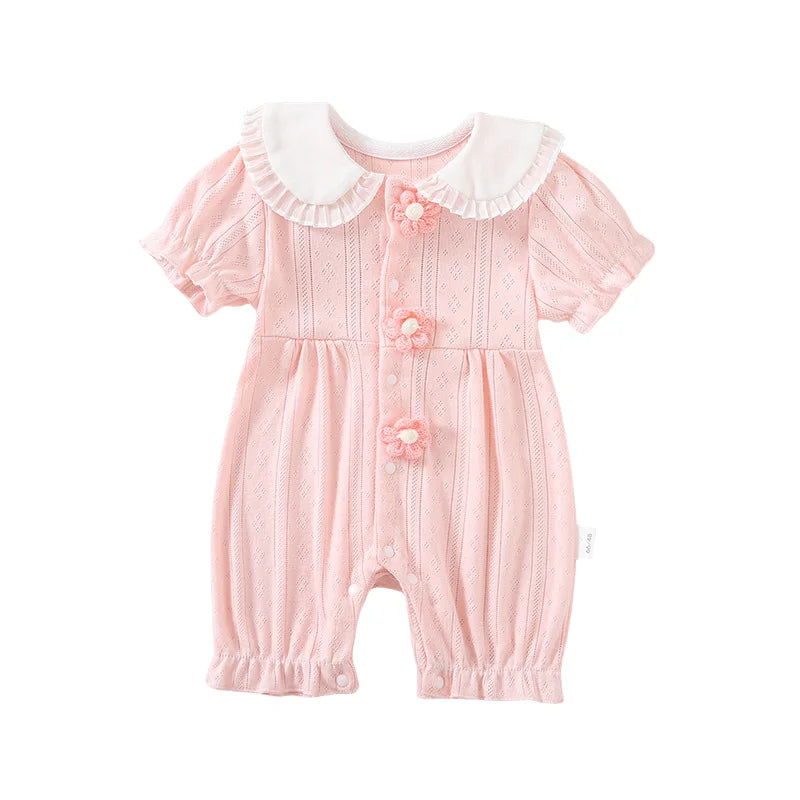 2025 Summer Newborn Baby Girl  Pink Thin Short-Sleeve Romper Princess Style Cute Pure Cotton Baby Girl Clothes