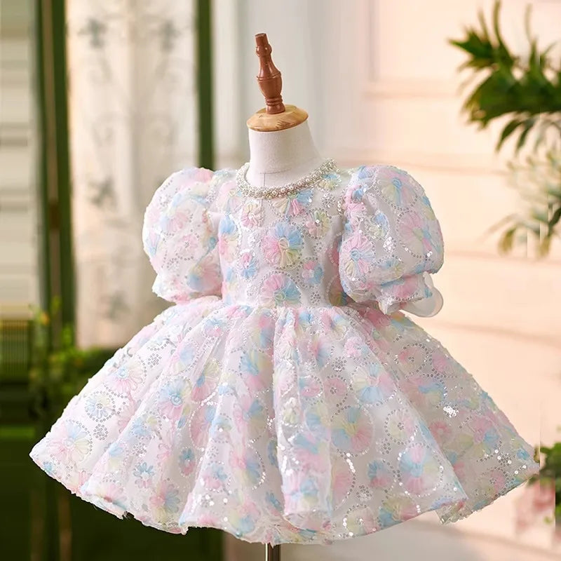 Baby Dress for One Year Old 2024 New Sweet Puff Sleeve Tulle Tutu Skirt Little Girl's 100-Day Birthday Party Dress