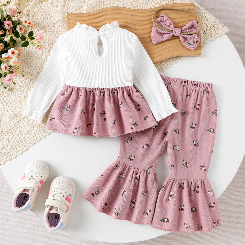 Spring and Autumn New Style Girls Are Sweet and Comfortable 1-4 Years Old White Long-Sleeved Color Matching Top + Trousers
