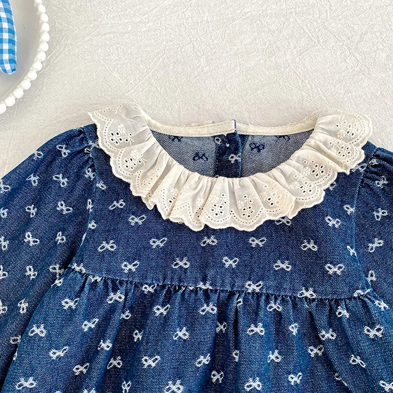 Toddler Sister Denim Bow Print 2-6Yrs Dress & 0-24M Baby Romper Ruffle Lace Collar Long Sleeve Infant Girls Sibling Clothes
