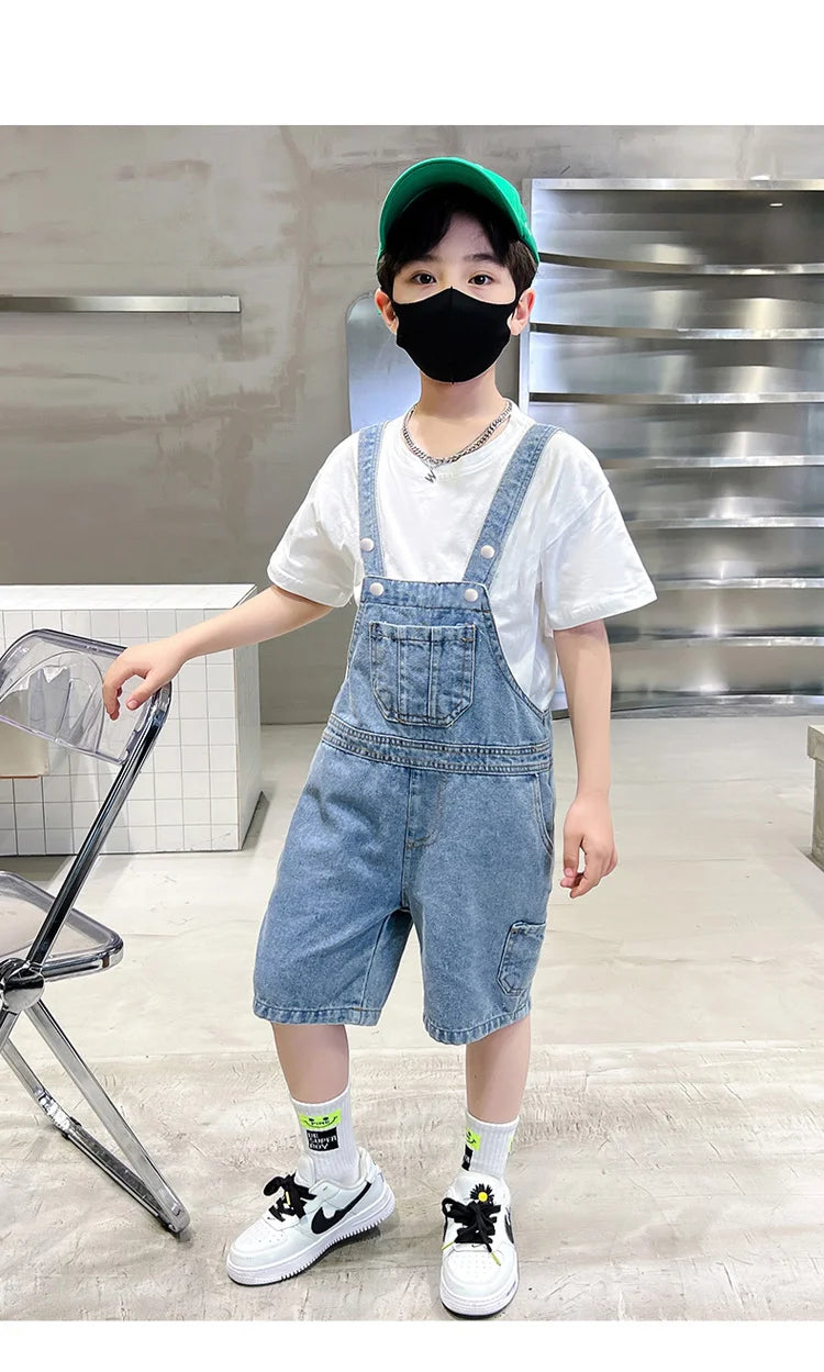 Children's Overalls Pants Boys New Summer Short Jumpsuit New Baby Trousers Bib Jeans Kids Denim Shortalls Age 4 To 14 Years Old
