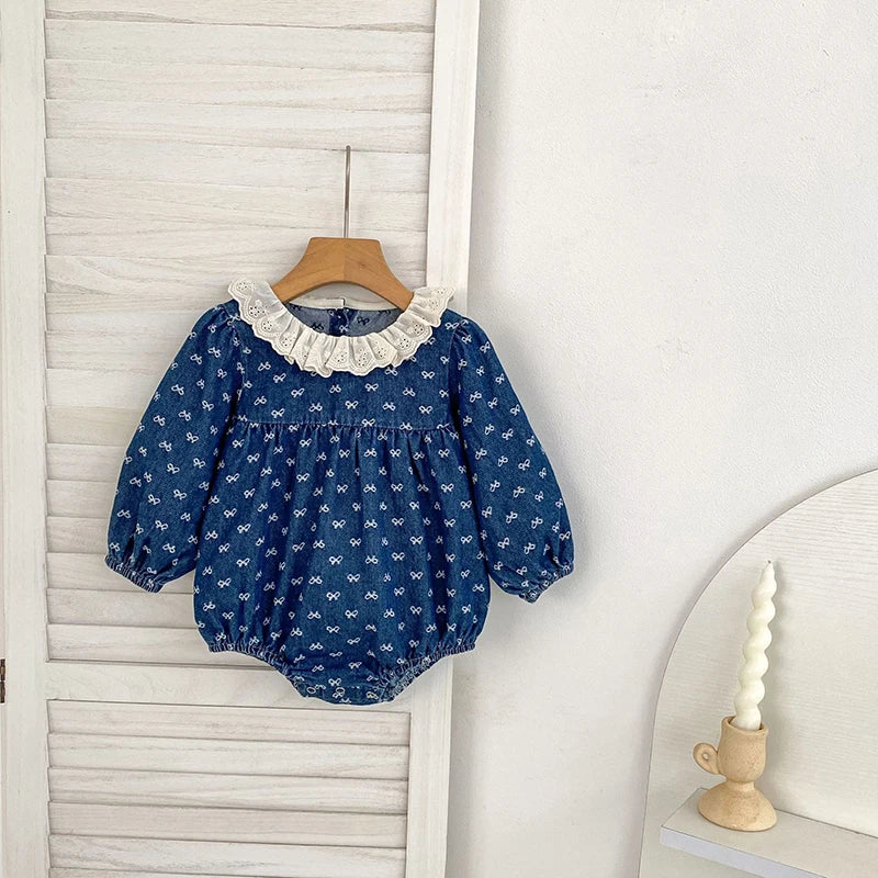 Toddler Sister Denim Bow Print 2-6Yrs Dress & 0-24M Baby Romper Ruffle Lace Collar Long Sleeve Infant Girls Sibling Clothes