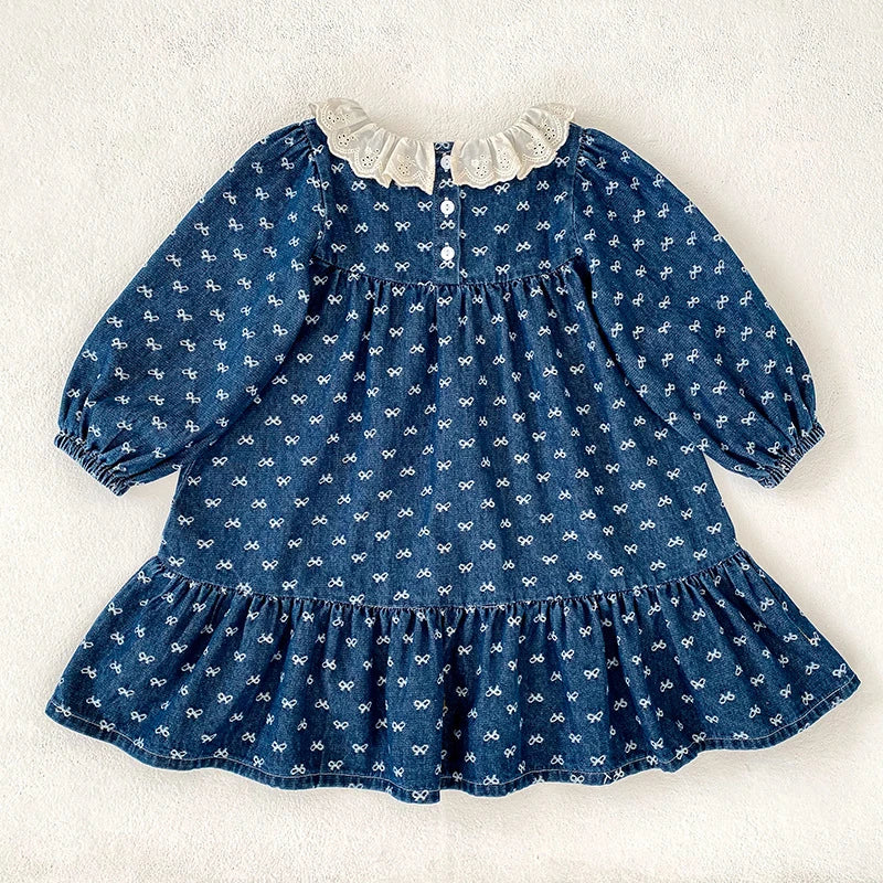 Toddler Sister Denim Bow Print 2-6Yrs Dress & 0-24M Baby Romper Ruffle Lace Collar Long Sleeve Infant Girls Sibling Clothes