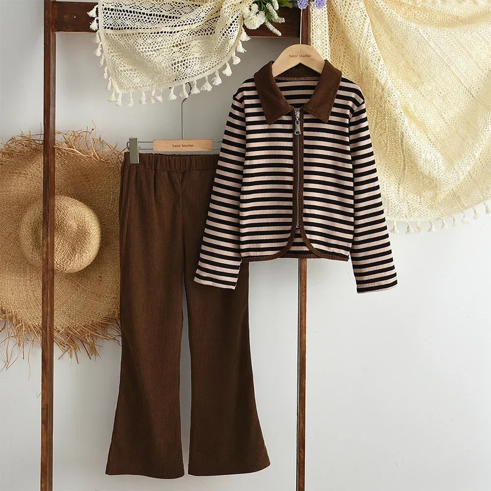 3-12 Year Old Children's Two-piece Set Autumn Long Sleeved Girls' Clothing Striped Printed Lapel Cardigan Top+Micro Flared Pants