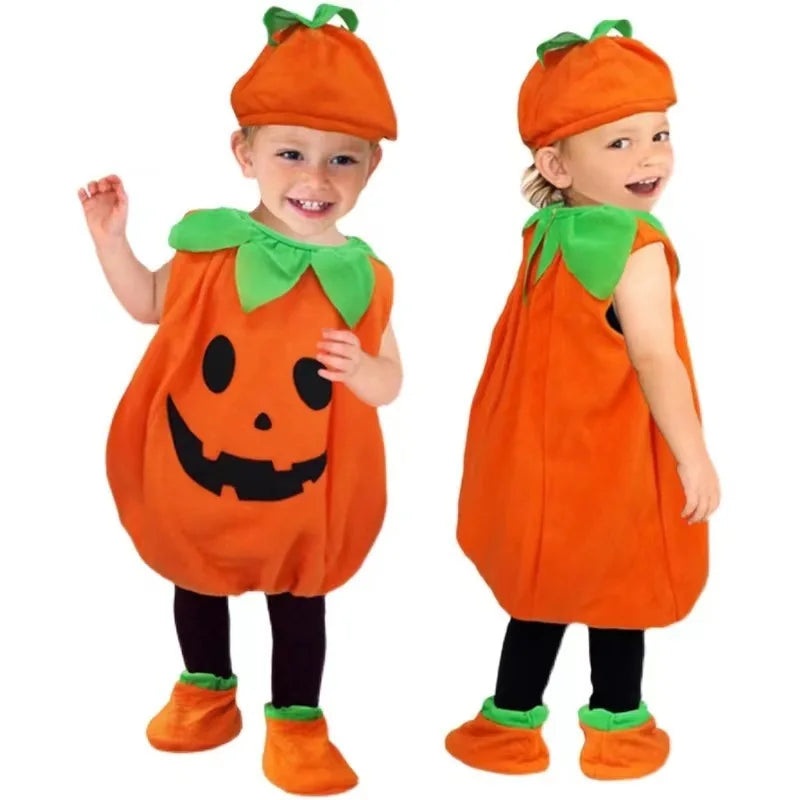 2026 Baby Girls Boys Children Jumpsuit Halloween Pumpkin Costume with Hat Cosplay Stage Performance Christmas Party Costume