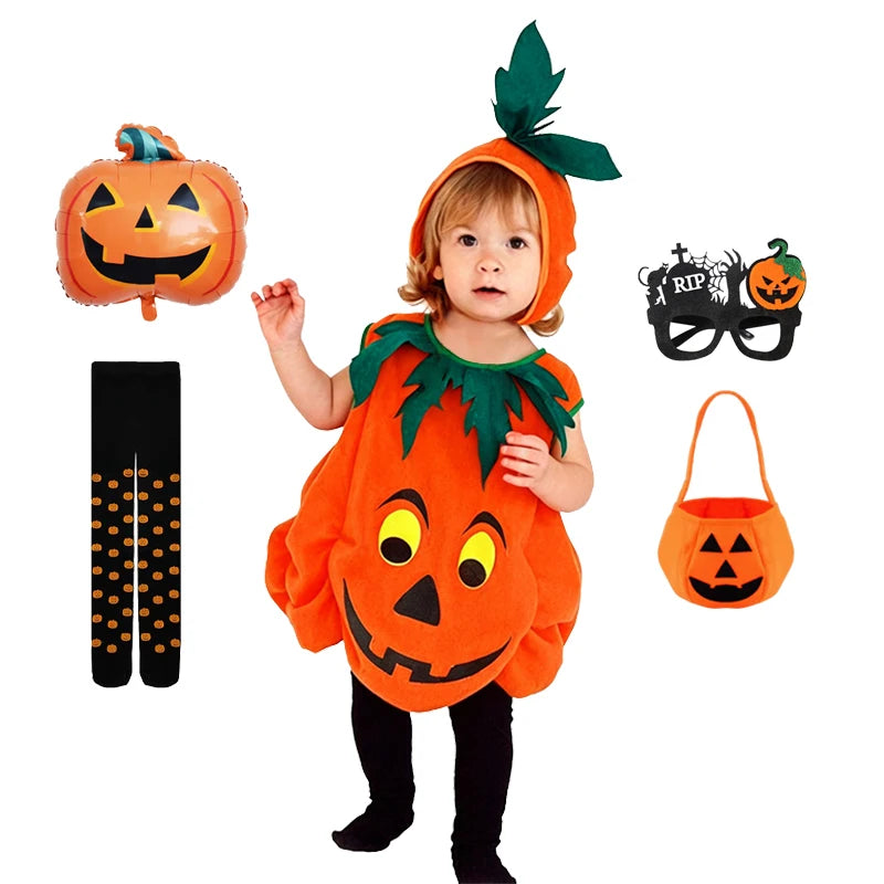 2026 Baby Girls Boys Children Jumpsuit Halloween Pumpkin Costume with Hat Cosplay Stage Performance Christmas Party Costume
